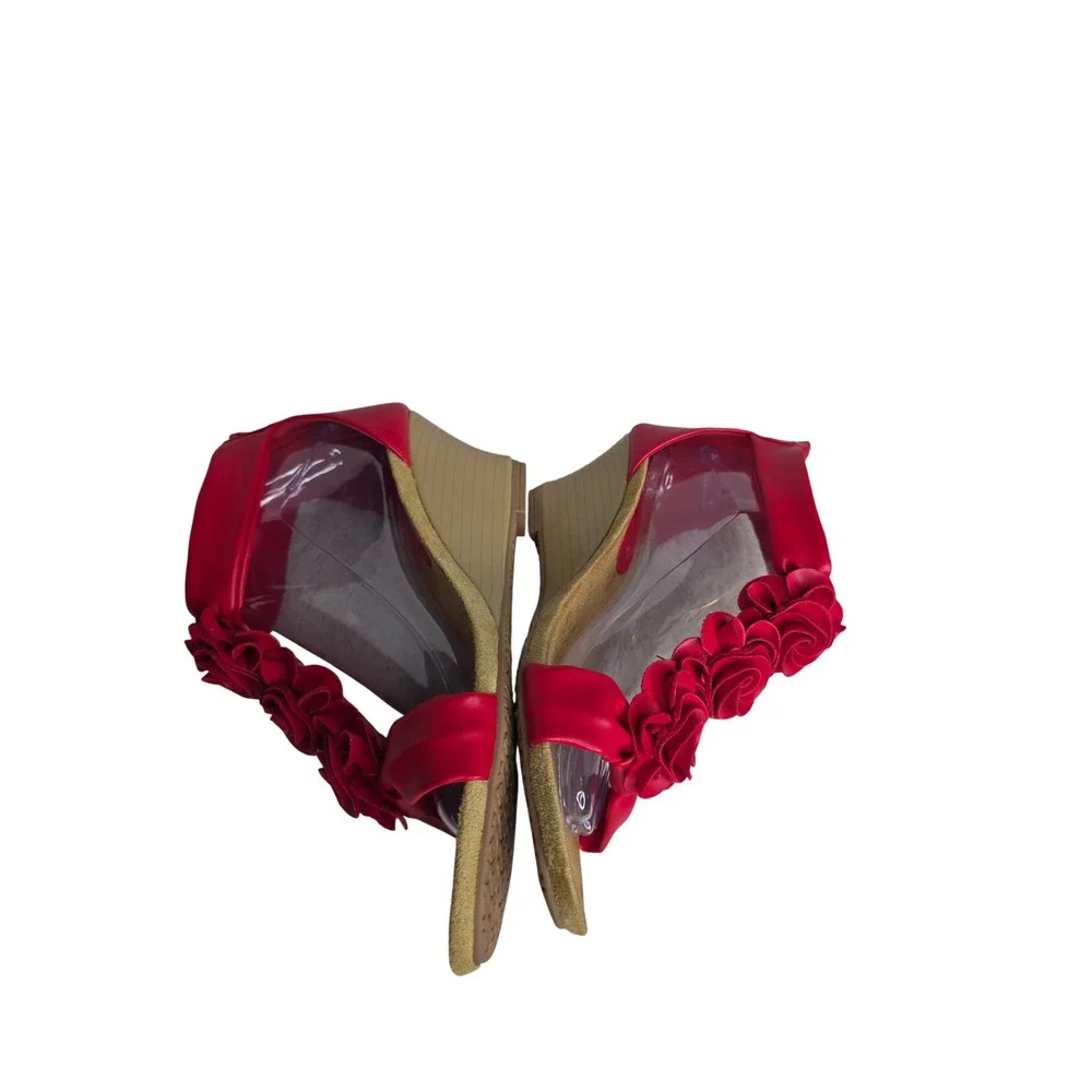 Patrizia by Spring Step Harlequin-R Red Floral Rosette Wedge Sandals EU 42 US 11